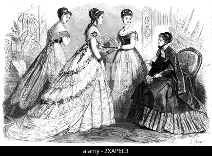 Pariser Mode für Februar 1868. „Abb. 1. Abendkleid. Robe &#xe0; Schlange aus hellblauem Satin...darüber trägt man eine Marie-Antoinette aus satter weißer Spitze...die Corsage ist niedrig, mit zwei Reihen weißer Spitze, die über das blaue Satin Mieder fallen...Abb. 2. Ballkleid, mit einem Unterteil aus gepufftem Tüll... der Oberteil aus gepunktetem Tüll ist an der Taille abgeneigt und bildet einen langen Zug. Ein dritter Jupe Marie-Antoinette... ist mit zwei tiefen Borten aus satter Spitze besetzt und mit Kränzen aus gelben Rosen zusammengesetzt... die niedrige Corsage, mit weißer Spitze besetzt, ist an der Taille hinten mit einem Cluster verziert Stockfoto