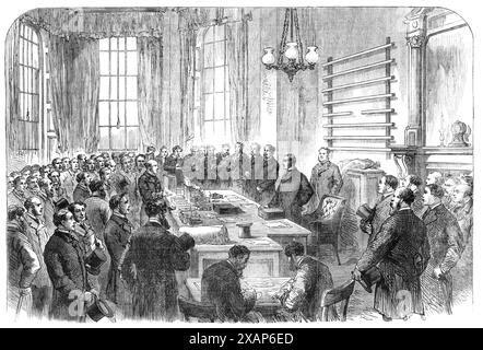 Verleihung der loyalen irischen Ansprache an Herrn Gathorne Hardy im Innenministerium, [in London], 1868. Mr. Gathorne Hardy, der Staatssekretär des Innenministeriums, empfing eine Deputation von loyalen Iren, angeführt von Mr. Digby Seymour, Q.C., die ihre Abscheu über die Fenianische Verschwörung zum Ausdruck brachte... die Adresse hatte 22.608 Unterschriften beigefügt. Die Deputation bestand aus etwa siebzig oder achtzig Personen, unter ihnen war Pfarrer R. Maguire, der der Pfarrei angehörte, in der sich das Clerkenwell House of Interention befindet. Mr. Digby Seymour...delivered eine Rede, in der er auf t Stockfoto