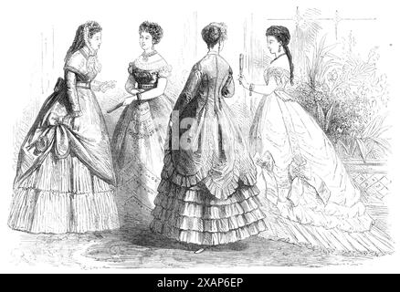 Pariser Mode für Juni 1868. „Abb. 1. Toilette de Ball. Unterrock aus weißem Taft, über dem ein Rock aus weißem Tüll mit vier Reihen Puffs und einem Volant getragen wird. Der obere Rock... ist auf jeder Seite von zwei weißen Bändern geschlungen, die in großen Schleifen enden und mit Orangenblüten beschnitten sind... Eine Schleife und ein Spritzer Orangenblüten auf jeder Schulter. Abb. 2. Kostüm Watteau in blauem und strohfarbenem glac&#xe9; Taft, der Rock mit fünf pinkfarbenen Volants besetzt. Das „Casaque Watteau“ hat... enge Ärmel und einen Besatz aus Seidenband, der in großen Quasten um den Hals endet... beleuchtet Stockfoto