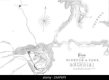 Plan des Hafens und der Stadt Brindisi, [Italien], 1869. "Die alte Stadt Brundusium, die Herodot im 5. Jahrhundert vor Christus bekannt war, soll lange zuvor von einer Kolonie äolischer Griechen gegründet worden sein. Es wird angenommen, dass sein Name von einem Wort ihrer Sprache abgeleitet ist, was „Hirschkopf“ bedeutet; die verzweigte Form der beiden inneren Häfen, die in unserem Plan zu sehen ist und eine vermeintliche Ähnlichkeit mit der Form der Hirschhörner aufweist. Der Hafen war so gut und hatte eine so herrliche Lage an der Mündung der Adria, direkt gegenüber den Ionischen Inseln, dass er wohl gewesen sein muss Stockfoto