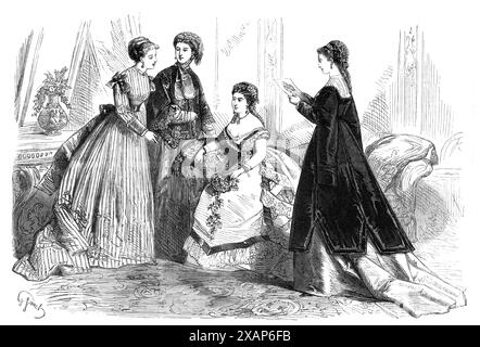 Pariser Mode für März 1868. „Abb. 1. Gewand &#xe0; Demi-traine, in... gestreifter Seide, gerafft am Rücken, mit hoher Corsage, mit schmalen Guipure-Kanten und engen Ärmeln... Eine rosafarbene Schleife mit Verzierungen an den Enden an jeder Schulter. Der Bund, der ebenfalls aus rosafarbenem Taft besteht, ist hinten mit einer Doppelschleife gebunden...Abb. 2. Toilette de Promenade, in indischem Poult-de-Soie, im Schatten "Bismarck-Malade". Pardessus aus schwarzem Kaschmir, an den Kanten vandyiert... mit schwarzem Guipure- und Jet-Ornamenten und großen Düsenknöpfen vorne in der Mitte. Chapea Stockfoto