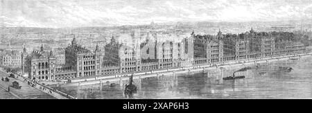 Vorgeschlagene Neubauten des St. Thomas's Hospital in Stangate, Lambeth, oberhalb der Westminster Bridge, 1865. Ansicht mit dem Entwurf von Mr. Henry Currey... für den Bau von Mr. Thomas Webster... die verschiedenen Blöcke... befinden sich in einer Entfernung von 125 Fuß. Von einander... Gänge verlaufen über die gesamte Länge des Krankenhauses... die Betten werden in Abständen von 8 Fuß aufgestellt. Von Mitte zu Mitte, und die Fenster sind abwechselnd mit den Betten angeordnet, auf einer Höhe, die es dem Patienten ermöglicht, aus ihnen zu schauen...die Unterkunft wird insgesamt für 588 Patienten ausreichen...die Kapelle, in der Mitte des Gebäudes Stockfoto