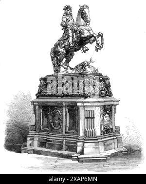 Statue von Prinz EUG&#xe8;ne in Wien, 1865. "Die Einwohner der österreichischen Hauptstadt waren erfreut über ein herrliches fest am 18. Oktober, als Kaiser und Kaiserin der Einweihung der Bronzestatue des Prinzen EUG&#xe8;ne von Savoyen, des berühmten Militärkommandeurs, vorstanden. der die Armeen des Reiches in Allianz mit den Engländern unter dem Herzog von Marlborough während des Krieges gegen Ludwig XIV. führte. seine Majestät soll M. von Fernkorn, dem Bildhauer, seine vollkommene Zufriedenheit damit zum Ausdruck gebracht haben. aber es gilt nicht als so gut wie der des verstorbenen Erzherzogs Karl, eines Gefährten Stockfoto
