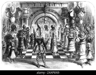 Szenen aus den Weihnachtspantomimen: Surrey Theatre: King Chess – Giving Check to the Queen, 1865. Londoner Bühnenproduktion von "eine neue Pantomime", geschrieben von "Three Jolly Dogs". Sie trägt den Titel „Harlekin King Chess; oder, Tom the Piper's Son and See-saw Margery Daw“. Unsere Leser werden an unserer Illustration sehen, wie der König Königin Schach den Scheck gibt in einer animierten Szene, in der alle Figuren Lebewesen sind. Die Wirkung dieser Szene ist überraschend neu. Die Szenen davor sind alle ausgezeichnet, aber in diesem „Top of all Excellence“ ist Attaine Stockfoto