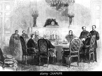 Sitzung der Konferenz in Paris über die türkische und griechische Frage, 1869. "Die zentrale Figur in unserer Gravur ist M. de Marquis de Lavallette, Präsident der Konferenz, und der französische Außenminister... links von M. de Lavalette sitzt Lord Lyons,... britischer Botschafter in Paris... sein Nachbar, Prinz Metternich,... vereint die Qualifikation des österreichischen Botschafters, ein Amt, das er seit 1859 besetzt hat, mit dem eines Anführers der Pariser Mode... des preußischen Gesandten Graf von Solms-Sonnenwalde, wer neben ihm steht, ist auch in der modischen Welt von Par bekannt Stockfoto