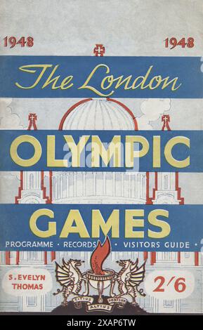 „Die Olympischen Spiele 1948 in London“ – Titelseite, 1948. Titelseite: „Programm - Olympische, Weltrekorde und britische Rekordwerke - und nützliche Besucherführer für London“. Souvenir-Heft für die Olympischen Spiele in London, mit Darstellung der St. Paul's Cathedral und Drachen an beiden Seiten eines Kessels mit der olympischen Flamme. Unten steht das olympische Motto: "Citius, Altius, Fortius" - lateinisch für "schneller, höher, stärker". Die Olympischen Sommerspiele 1948 (offiziell die Spiele der XIV. Olympiade, auch bekannt als London 1948) waren eine internationale Multisportveranstaltung, die vom 29. Juli bis 14. August 1948 stattfand. Folgen Stockfoto