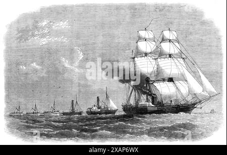 Die Abessinische Expedition: H.M.S. Argus schleppt Schlepper und Feuerzeuge nach Massowah, 1868. Britisches Kriegsschiff der Royal Navy mit Vorräten für die Invasionsarmee. Gravur aus einer Zeichnung von Mr. Ernest Kinder, Mittelschiff, von H. M. S. Argus, die dieses Schiff unter Commander Hallowes zeigt. ein Dampfschlepper, ein Dampffeuer und drei andere Feuerzeuge auf dem Weg von Bombay zum Hafen von Aden... die schlechte Lenkung der indischen Jungen in den Feuerzeugen führte dazu, dass die Schleppschlepper viermal weggetragen wurden, aber sie wurden bald von einer Besatzung des Schiffes geborgen." Aus „Illustrated London News“ Stockfoto