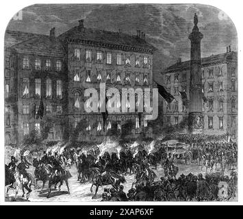 Die Leiche des verstorbenen Königs der Belgier, die 1865 im Fackelschein nach Brüssel gebracht wurde. Am Dienstagabend, dem 12. Dezember, wurden die Überreste des verstorbenen Königs von Laeken in den Palast von Brüssel gebracht, etwa drei Meilen entfernt. Der Trauerzug, der wie ein Festakt angesehen wurde, war von einfachstem Charakter, aber die Dunkelheit der Stunde, die Festlichkeit des Anlasses, und die Leute, die sich zu Tausenden entlang der Route versammelt hatten, gaben der Prozession ein gewisses Maß an Pracht und Eindruckskraft... das Bestattungsauto, gezogen von acht Pferden, die in dem reichsten und tiefsten Schwarz krummt waren, an Stockfoto