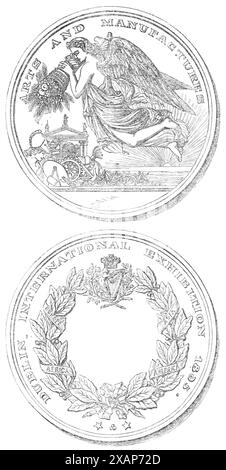 Die Dublin Exhibition Medal, 1865. "Als letztes Zeichen der Beendigung der Internationalen Ausstellung in Dublin präsentieren wir eine Illustration der von einem belgischen Künstler entworfenen und im Ausstellungspalast unter der Aufsicht des Exekutivrats hergestellten Preismedaille. Das Gerät, so wird es gesehen, ist einfach und verständlich und erfordert wenig oder gar keine Interpretation. Eine geflügelte und halb drapierte weibliche Figur mit einem großen Horn der Fülle schwebt über Land und Meer; die fa&#xe7;Ade des Ausstellungspalastes mit verschiedenen Emblemen der Kunst und Industrie ist auf dem Boden zu sehen; mit Stockfoto