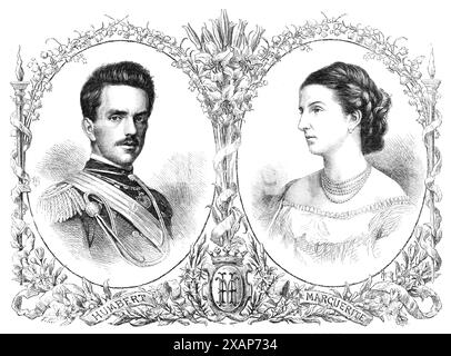 Der Kronprinz Humbert von Italien und Prinzessin Margarete von Savoyen, 1868. Stiche aus Fotografien von M. Alphonse Bernoud und M. Le Lieure. "Die Hochzeit des ältesten Sohnes von König Victor Emmanuel mit seinem ersten Cousin, der Tochter des Bruders des Königs, des verstorbenen Herzogs von Genua, wird mit großer Genugtuung erwartet. die Tugenden und Leistungen der Braut, die sie bei den Menschen ihrer Heimat Piemont sehr beliebt gemacht hat... Ein Vorgeschmack auf intellektuelle und literarische Aktivitäten scheint in dieser Familie erblich zu sein, und eine der besten deutschen Übersetzungen von Dante ist das Werk des Königs von Sachsen. Th Stockfoto