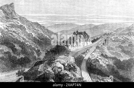 The Disaster on the Great Indian Peninsula Railway: The Wendestation, Bhore Ghaut, 1869. Tödlicher Unfall des Postzugs von Poonah nach Bombay, als er die Bhore Ghaut-Steigung hinunterstieg... als er die Spitze der Steigung erreichte, wurden die Motorbremsen und die vier Steigungsbremsen betätigt... der Fahrer und die Wachleute fanden heraus, dass sie die Bewegung des Zuges nicht kontrollieren konnten. und alle Bremsen waren hart angezogen und der Motor rückwärts. Dies hatte keinen Einfluss darauf, das Rauschen des Zuges auf dem steilen Gefälle zu kontrollieren; die Geschwindigkeit erhöhte sich, bis er eine furchtbare Geschwindigkeit erreichte, und stieg weiter an Stockfoto