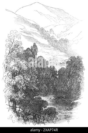 Die Devon Valley Railway in Schottland: In der Nähe von Dollar, 1869. 'Dollar, wo die Eisenbahn für die Gegenwart endet, ist ein Dorf, das hübsch am Eingang zum Castle Campbell Glen gelegen ist... nicht weit von Dollar ist die Begräbnisstätte der Taits - eine kleine halbrunde Einschließung, die von den Devon gewaschen wurde. Zuerst war es ein ruhiger, beschlagnahmter Ort, jetzt haben die Eisenbahn und die Trendstraße zwischen Dollar und Tillicoultry sie dem ungebremsten Blick jedes Passanten ausgesetzt. Aus Illustrated London News, 1869. Stockfoto