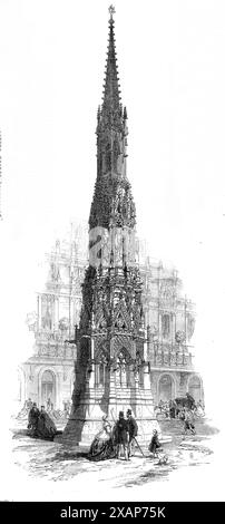 Das Eleanor Cross wurde restauriert, vor dem Charing-Cross Hotel and Railway Station, [London], 1865. Fantasievolle Rekonstruktion des mittelalterlichen Kreuzes. Das sehr schöne Kreuz ist als Restaurierung eines interessanten historischen Denkmals konzipiert, das letzte der zwölf Kreuze, die die Ruhestätten der Trauerprozession kennzeichneten, die den Leichnam von Königin Eleanor, der Frau von Eduard I., zu ihrem Grab in der Westminster Abbey übertrug... das Kreuz in Charing, wie so viele andere wertvolle Denkmäler der Kunst des Mittelalters, wurde 1647 von der ikonoklastischen puritanischen Bigotterie weggefegt... Mr.. Edward M. Ba Stockfoto