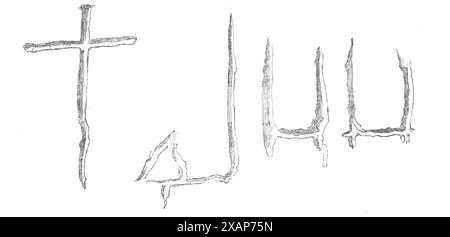 The Explorations at Jerusalem: Inscribed Letters or Marks on Haram Wall, 1869. Es gibt ein Rätsel über die eingeschriebenen Buchstaben oder Zeichen, die auf vielen Grundsteinen der Haram Mauer gefunden wurden. Einige sind in den Stein gemeißelt, aber die meisten von ihnen sind rot bemalt, wie z. B. Zinnoberrot, das leicht abgerieben werden kann. Was sind diese Buchstaben? Sie sind nicht Hebräer, aber sie mögen phönizisch sein; und es wird vermutet, dass es sich um Maurermarken handelte, die im Steinbruch oder vom Architekten angebracht wurden, um den Arbeitern zu sagen, für welchen Ort jeder Stein bestimmt war... es gibt rote Flecken, als wären sie Tropfen von Th Stockfoto