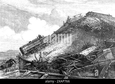 Die Katastrophe auf der Great Indian Peninsula Railway: Unfallort, 1869. Tödlicher Unfall des Postzuges von Poonah nach Bombay, als er die Bhore Ghaut hinabstieg, als er die Spitze der Steigung erreichte, die Motorbremsen und die vier Steigungsbremsen wurden betätigt... der Fahrer und der Wachmann fanden heraus, dass sie keine Kontrolle über die Bewegung des Zuges hatten... die Geschwindigkeit stieg an, bis sie eine schreckliche Geschwindigkeit erreichte, und sie stieg weiter an... der Triebwerkführer, der Steigungsschutz, zwei Hauptleitungswächter, zwei Feuerwehrleute, und die vier geneigten Bremser fanden heraus, dass es keine Hoffnung gab, dass der Zug anhalten würde Stockfoto