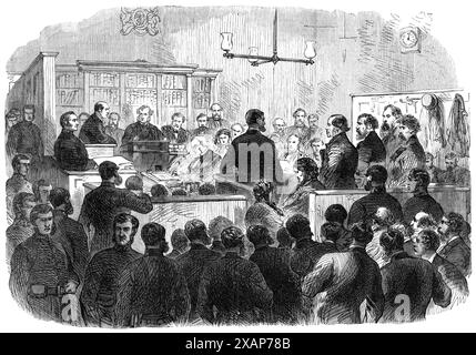 Die Fenian Häftlinge am Bow-Street Police Court [in London]: Examination of the Häftlinge, 1868. "Die fünf Personen, die wegen vorsätzlichen Mordes durch die Explosion der Mauer des Clerkenwell House of Internierung am 13. Dezember in Haft waren, waren wieder brought...before Sir Thomas Henry...[Ansicht] das Innere des Gerichts, mit dem Vorsitzenden Richter, Anwalt, Anwälten und... den Gefangenen im Dock. Ihre Namen sind Timothy Desmond und William Desmond, Brüder Jeremiah Allen, Nicholas English und Ann Justice. Der Anwalt der Anklage war Mr. Giffard, Q.C., und Mr. Polen; Mr. Lewis Stockfoto