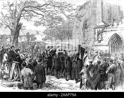 The Hunting Disaster in Yorkshire: Die Beerdigung von Sir Charles Slingsby in Knaresborough, 1869. Slingsby, Meister der Fuchsjagd, wurde mit fünf anderen und acht Pferden ertränkt, nachdem 13 Männer, elf Pferde, in ein Schiff eingedrungen waren, das nur die Hälfte dieser Zahl unterbringen sollte. Es waren viele Herren anwesend aus York, Leeds, Knaresborough, Harrogate, Ripon, Boroughbridge, die benachbarten Dörfer und weiter entfernte Teile des Landes. Jede Jagd in Yorkshire und eine in t Stockfoto