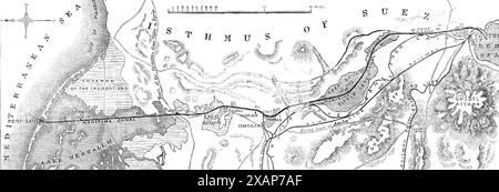 Der Isthmus von Suez Maritime Canal: Plan des Kanals mit dem kleinen Süßwasserkanal, 1869. "Schiffe können in etwa 16 Stunden durch das Mittelmeer zum Roten Meer fahren oder durch das Meer gezogen werden... und verlassen Port Sa&#xef;d der Kanal mündet in den Menzaleh-See, durch den der Kanal 21 Meilen lang verläuft... und den Menzaleh-See in Kantara verlassen, eine Station an der Wüstenroute zwischen Ägypten und Syrien, der Verlauf des Kanals liegt durch niedrige sandhügel. Er fließt dann in den Lake Ballah, durchquert ihn für eine Entfernung von acht Meilen und erreicht dann einen tiefen Einschnitt, der sich von El F erstreckt Stockfoto