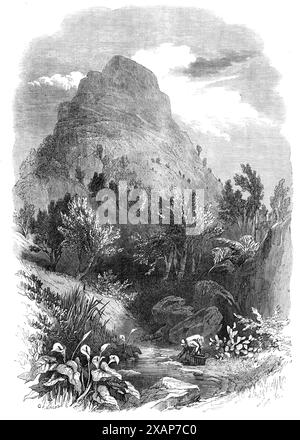 The Lion's Head Mountain, nahe Kapstadt, Kap der Guten Hoffnung, 1868. Vom Eingang der Table Bay aus betrachtet, scheint die Stadt Kapstadt fast von einem Amphitheater aus Bergen umgeben zu sein, die seltsame und groteske Umrisse zeigen. Unmittelbar hinter der Stadt erhebt sich der gefeierte Tafelberg, von seiner flachen Oberfläche so genannt, zunächst allmählich und dann in steilen Klippen, die eine mächtige Felswand bilden, die links vom Gipfel des Teufelsbergs flankiert wird. Auf der rechten Seite der Stadt erstreckt sich ein einziger Hügel, der Löwenberg genannt wird, von seiner vermeintlichen Ähnlichkeit mit einem l Stockfoto