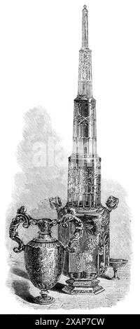 The Loan Collection, South Kensington Museum: Rock Crystal Vase und Central Table Ornament of Rock Crystal and Silver, (Deutsch, 17. Jahrhundert), 1868. "Die österreichische Regierung hat einige interessante Exemplare deutscher Lapidar- und Goldschmiedearbeiten des 17. Jahrhunderts zur Verfügung gestellt. Die eine ist eine Vase aus Steinkristall, in Goldemaille montiert. Das andere ist ein Herzstück zur Dekoration eines Tisches, bestehend aus fünf Steinkristallen, die in emailliertem Silber montiert sind; die Gravur auf den Kristallen stammt wahrscheinlich von einem italienischen Künstler. Aus Illustrated London News, 1868. Stockfoto