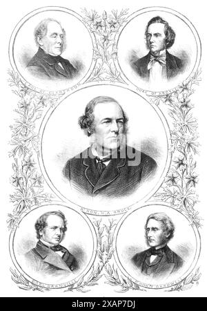 The New Ministry: The Secretaries of State, 1869. "Porträts der fünf wichtigsten Staatssekretäre Ihrer Majestät - George Frederick William, 4. Earl of Clarendon, Außenminister [oben links]; Granville George Leveson Gower, 2. Earl Granville, Sekretär für die Kolonien [unten links]; Henry Austin Bruce, Sekretär für das Innenministerium [Mitte]; Mr. Edward Cardwell, Sekretär für das Kriegsministerium [unten rechts]; und George Douglas Campbell, 8. Duke of Argyll, Sekretär für Indien [oben rechts]... das Porträt von Earl Granville ist auf einem Foto von M graviert Stockfoto