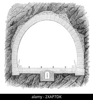 Die neue Überlandstrecke nach Indien und der Eisenbahntunnel der Alpen: Querabschnitt des Tunnels, 1869. Diagramm eines Teils des Großen Tunnels unter den Alpen... die sardische Regierung hat M. Maus, einen belgischen Ingenieur, und M. Sismonda, einen Geologen, beauftragt, die beste Tunnellinie und die beste Bauart zu entwickeln... drei junge Männer - Sommeiller, Grattoni und Grandis - hofften, durch Wasserkraft ein wirtschaftlicheres System zu schaffen, statt Dampfkraft, um die Luft zu kondensieren... nachdem sie Mr. Bartletts Einsatz der Luftwaffe kennengelernt hatten, um Löcher in Felsen zu durchbohren, sahen sie das Stockfoto