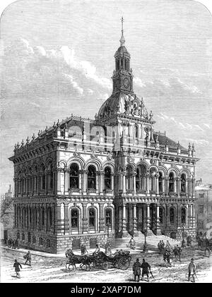 Das neue Rathaus in Ipswich, [Suffolk], 1868. Gravur von einem Foto von Mr. Cobb. "Sein Design, das der venezianischen Schule der Architektur entspricht, ist in verschiedenfarbigen Steinen ausgeführt, was seine allgemeine Wirkung stark verstärkt...[die] Front ist von einer vorstehenden offenen Arkade auf korinthischen C-Dämmen gekennzeichnet. über denen, auf Sockeln, Statuen stehen, die Gerechtigkeit, Lernen, Handel und Landwirtschaft darstellen...über dieser Fassade erhebt sich die Kuppel, die vom Uhrturm überragt wird...Balkone sind für Lautsprecher vorgesehen, von denen aus sie ein Publikum sprechen können, das auf der Straße versammelt ist, sowohl auf dem Cornhill als auch auf der Cornhill Stockfoto