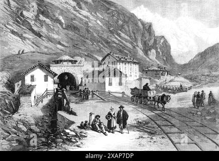 Die neue Überlandroute nach Indien: Der Tunneltunnel unter dem Mont Cenis – South End, bei Bardonn&#xe8;che, 1869. "...Bardonn&#xe8;che [Bardonecchia], im piemontesischen Tal der Dora, [ist] 20 Meilen über Susa. Er ist von Modane [dem nördlichen Ende der Tunnelarbeiten in Savoyen] durch einen Berg namens Le Grand Vallon getrennt, durch dessen Herz der Tunnel gelangweilt ist, und zwar in Richtung Nordwesten nach Südosten. in einem Winkel, der sich auf einen Bereich von 15 Meilen von der Mont Cenis Route ausweitet. Die beiden Linien weichen tatsächlich von einem Punkt in der Nähe von Modane ab, auf ihrem Weg in Richtung Stockfoto