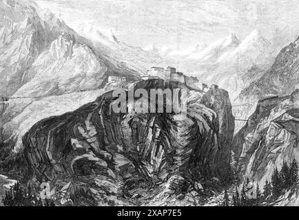 Die neue Überlandverbindung nach Indien: Mont Cenis Railway – Fort l’Esseillon, bei Brabans, 1869. "Die alpine Landschaft der Hochstraße und der Klettereisenbahn, ...from ihr Verlauf, der die innersten Tiefen der Berge durchquert, ist voller Vielfalt und Interesse... in der Festung Esseillon, in Brabans, nicht weit von Modane,... die Straße führt hoch über dem Fluss Arc, und die tiefe, dunkle Schlucht, durch die dieser Bach fließt, ist eine gewaltige natürliche fosse, die vor dieser alten sardischen Festung liegt, die auf der Seite des Berges gebaut wurde, hoch oben, mit einer Ebene von ummauerten Batterien, zu Stockfoto