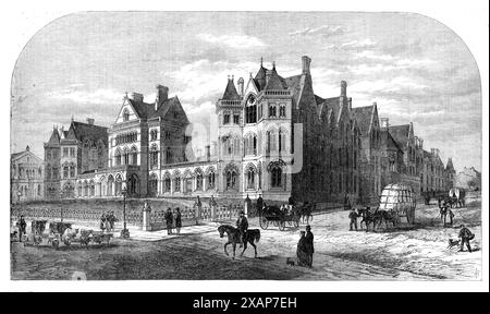 Das neue Krankenhaus in Leeds, heute besetzt von der National Art-Ausstellung, eröffnet vom Prince of Wales am Dienstag, 1868. "Diese Ausstellung wird hauptsächlich zugunsten der Spenden der Krankenstation, aber die Leeds Mechanics' Institution hat einen Anteil daran...[das Gebäude] wurde vom Architekten Gilbert Scott, R.A., entworfen, auf dem französischen "Pavillon"- oder "Block"-System... jede Station ist ein separates freistehendes Gebäude, Licht und Luft werden frei in jedes Krankenzimmer zugelassen. und die schädliche Atmosphäre, die durch die Krankheit erzeugt wird, wird sofort verteilt werden... wie sie gefunden wurde Stockfoto