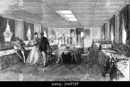 Der Prinz und die Prinzessin von Wales in Ägypten: Saloon der Dahabieh, oder Nilboot, 1869. "Der Flusskahn oder Dahabieh, der für diesen Ausflug vorbereitet wurde, heißt Skandria oder Alexandria, um ihrer Königlichen Hoheit zu gratulieren. Das Innere bildet eine Suite von Zimmern, die als private Apartments des Prinzen und der Prinzessin während der Fahrt auf den Nil eingerichtet wurden. Es gibt keinen Motor an Bord, der diesen Lastkahn antreibt, noch irgendein Kochgerät, so dass das Schiff frei von vielen Unannehmlichkeiten ist, die die Fahrt mit dem Dampfboot mit sich bringt. Der Dampfer, der die Dahabieh im Schlepptau nimmt, enthält die Unterbringung für das Personal; und A Stockfoto