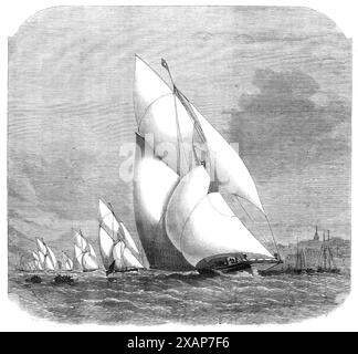 Das Royal Thames Yacht Club Match: Ende des Rennens, 1869. Ansicht von '...der erste Cutter Match dieser year...from Erith,...um das Nore Light und zurück nach Gravesend...Sieben Yachten begannen:...Mr.. Stutfields Menai, Mr. Chamberlaynes Rosebud, Mr. Maudslays Volante, Major Ewing's Condor, Mr. Bridsons Muriel, Mr. Boutchers Fiona und Mr. Earles Sphinx... um eins Uhr drehte sich die Flut, und der Wind wurde stärker, als sie sich näher an Southend näherten... Sie standen ohne Änderung der Leinwand durch die untere Hoffnung nach Gravesend, der Wind starb ein wenig aus, als sie sich dem Ziel näherten... der Condor war der erste, b Stockfoto