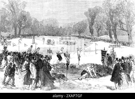 The Thames Rowing-Club Athletic Sports in Putney Park, [in London], 1869. "Die Mitglieder des Thames Rowing Club haben am vergangenen Samstag in Putney Park mit Erlaubnis von Oberst Beresford ihre vierte Jahrestagung für Leichtathletik abgehalten; und viele Damen und Herren waren als Zuschauer anwesend, belebt von der Musik der Grenadier-Garde, trotz des kalten und stürmischen Windes, mit einem Schneefall, der es weniger angenehm machte, am Boden zu bleiben. Die Themse Handicap Steeplechase war das aufregendste Ereignis des Tages. Es war über einen 3-Meilen-Kurs, mit zwanzig Hürden und sechsmal Out Stockfoto