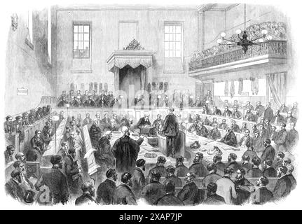 Prozess gegen die Bradford-WahlPetition im Borough Courthouse, 1869. Ansicht des Untersuchungsgerichts von Mr. Baron Martin, um die angeblichen Missbräuche bei der späten Wahl zweier Mitglieder für den Bezirk Bradford zu verhandeln... der Richter saß in schwarzem Kleid und kleiner Perücke auf der Bank; Mr. Avery, Clerk des Zentralkriminalgerichts, saß unter ihm in der Kanzlei, der Anwalt saß am Tisch, mit Anwälten hinter ihnen, der Zeuge stand in der Zeugenbox, und die Geschworenen und die Galerien waren mit einer aufmerksamen allgemeinen Audienz gefüllt. Auf jeder Hand des Richters waren die Stockfoto