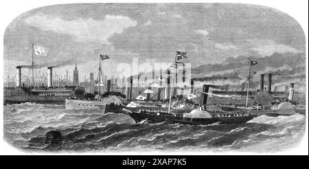 Besuch des Prinzen und der Prinzessin von Wales in Liverpool: Ausflug auf dem Fluss Mersey, 1865. Ihre Königlichen Hoheiten (der zukünftige König Edward VII. Und Königin Alexandra) gingen an Bord des Saloon-Dampfers Woodside... es gab eine große Anzahl von Schiffen aller Formen und Größen, mit den schwulen Farben ausgestattet...der Dampfer Woodside liegt zwischen Liverpool und Birkenhead...Ein Damensalon wurde für den besonderen Gebrauch der Prinzessin eingerichtet, aber ihre Königliche Hoheit und der Prinz bevorzugten das Saloon-Deck...jeder verfügbare Platz auf beiden Seiten des Flusses war mit Menschen überfüllt Stockfoto