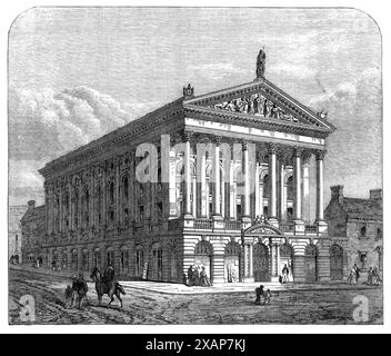 Victoria Hall and Assembly Rooms, Newport, Monmouthshire, 1868. Die Versammlungsräume wurden 000 von Mr. Henry Pearce Bolt gebaut und mit einem edlen Säulengang ausgestattet, der bis zur Außenhöhe des Gebäudes getragen wurde. und gestützt auf sechs korinthische Säulen, mit gut geschnitzten Kapitellen, überragt von einer prominenten und bewundernswert ausgeführten Figur Ihrer Majestät [Königin Victoria], mit Löwenstützen. Das ganze ist in Freestone gehalten, die Details und Schnitzereien sind sehr sorgfältig und künstlerisch bearbeitet - und das ist besonders bemerkenswert, da eine Einsparung von mehreren tausend Pfund gewesen wäre Stockfoto