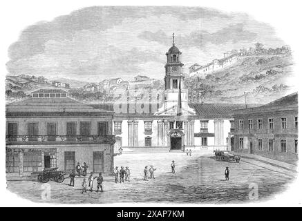 Krieg zwischen Spanien und Chili: Die Plaza de la Intendencia in Valparaiso, wo 1865 Krieg mit Spanien ausgerufen wurde. Gravur aus einer Fotografie von Mr. C. L. Rowsell, Fotograf, seit zwölf Jahren in Valparaiso ansässig... Spanien hat Chili den Krieg erklärt und Chili hat den Krieg akzeptiert. Valparaiso und alle Haupthäfen sind blockiert und ein Bombardement droht. Der Handel ist zum Stillstand gekommen; jeder, der es schafft, verlässt diesen Ort; Geld ist verschwunden; alle Banken sind aus Mangel an Geldern angehalten; tatsächlich ruinieren sie die meisten Komplizen Stockfoto