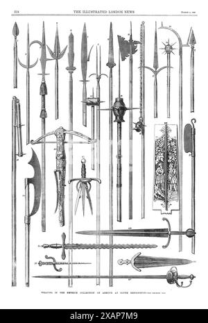 Waffen aus der Meyrick-Rüstungssammlung in South Kensington, 1869. "1. Pike; 16. Jahrhundert. 2. Hecht. 3. Partisan; Englisch. 4. Bill; Englisch; Ende des 15. Jahrhunderts. 5. Ranseur; Englisch. 6. Voulge (oder Langue-de-boeuf). 7. Glave; Englisch; Herrschaft Heinrichs VII. 8. Militärgabel; 16. Jahrhundert. 9. Partisan; Englisch; Regentschaft Eduards IV. 10. Halbard; Englisch oder Deutsch; Herrschaft Heinrich VII. 11. Morning Star; Englisch; 12.-15. Jahrhundert. 12. Morning Star. 13. "Heilig-Wasser-Sprinkle"...14. Holy-Water Sprinkle; Englisch; 15. Jahrhundert. 15. Spetum; Englisch.... 16. Gisarme; Englisch; 11.-16. Jahrhundert. 17. Lochaber A Stockfoto