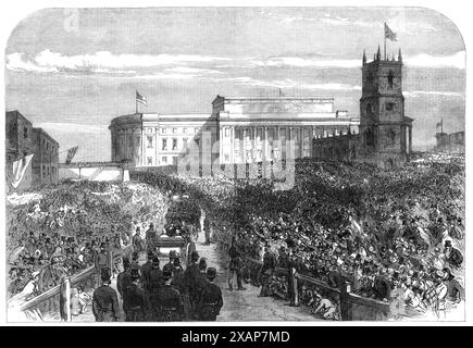 Besuch des Prinzen und der Prinzessin von Wales in Liverpool: Die Prozession zur St. George's Hall, 1865. Der zukünftige König Eduard VII. Und Königin Alexandra fuhren nach St. George's Hall, wo Mr. W. T. am besten eine kurze Auswahl auf der großen Orgel spielte... eine riesige Menschenmenge entlang der ganzen Linie der Prozession hieß den Prinzen und die Prinzessin mit den herzlichsten Anklammerungen. Aus Illustrated London News, 1865. Stockfoto