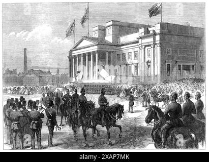 Besuch des Prinzen und der Prinzessin von Wales in Liverpool: Ihre Königlichen Hoheiten in der Liverpool Free Library, 1865. Der zukünftige König Edward VII. Und Königin Alexandra besuchen die William Brown Library and Museum. "Eine riesige Menschenmenge entlang der ganzen Linie der Prozession hieß den Prinzen und die Prinzessin mit den herzlichsten Beschwörungen." Aus Illustrated London News, 1865. Stockfoto