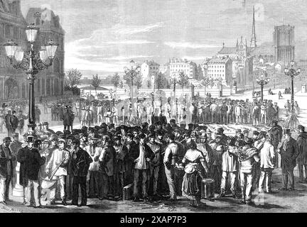 Arbeiter warten darauf, im Hotel de Ville, Paris, 1869 beschäftigt zu werden. "...der weitaus größere Teil der arbeitsbedürftigen Erwerbsbevölkerung versammelt sich an bestimmten Stellen, die von ihnen seit jeher dazu genutzt wurden, unter freiem Himmel und wartet dort auf Beschäftigung. Große Versammlungen von ihnen sind zu sehen - bei denen fast jeder die Werkzeuge seiner besonderen Berufung bei sich hat - von Tagesanbruch bis etwa neun oder zehn Uhr morgens, bis dahin zerstreuen sich diejenigen, die keine Beschäftigung gefunden haben... seit der Errichtung der Stadt Stockfoto