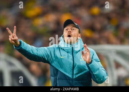 Sydney, Australien. Juni 2024. Der australische Cheftrainer Tony Gustavsson reagierte während der Freundschaftsspiele zwischen Australien und China im Accor Stadium. Endpunktzahl: Australien 2:0 China. (Foto: Ayush Kumar/SOPA Images/SIPA USA) Credit: SIPA USA/Alamy Live News Stockfoto