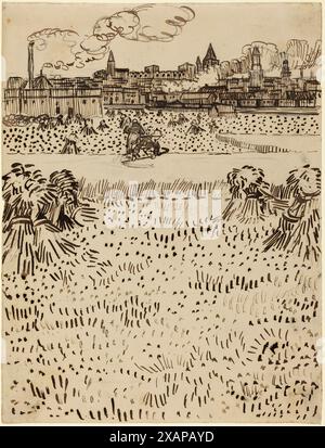 Die Ernte. Vincent van Gogh. 1888. Reedstift und braune Tinte über Graphit auf gewebtem Papier. Stockfoto