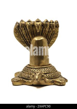 Antike Statue des Herrn shiva Lingam auf einer Schildkröte namens Kurma, geschützt durch eine Schlange, ein Idol, das von hinduistischen religiösen Gläubigen isoliert verehrt wird Stockfoto