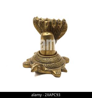 Antike Statue des Herrn shiva Lingam auf einer Schildkröte namens Kurma, geschützt durch eine Schlange, ein Idol, das von hinduistischen religiösen Gläubigen isoliert verehrt wird Stockfoto