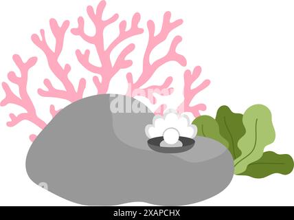 Vektor-Marine-Komposition mit Felsen, Algen, Korallen, Muscheln mit Perle. Mermaid Land Konzept. Sea Life Naturdekoration isoliert auf weißem Hintergrund Stock Vektor