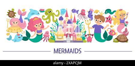 Vektor horizontale Meerjungfrauen festgelegt. Unterwasser-Königreich-Kartenvorlage mit Ozeanprinzessin, Prinz, Schloss. Marinefarchen für Kinder. Ausschneiden Stock Vektor