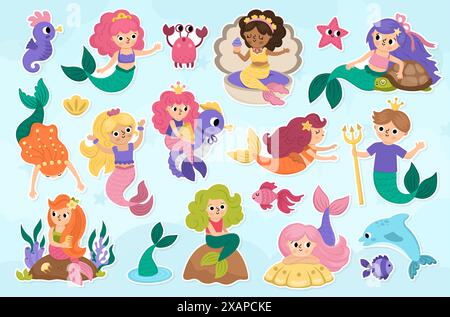 Vektor Meerjungfrau Aufkleber Set. Unterwasser-Königreich Patches-Kollektion mit Ozeanprinzessin, Prinz. Zeichentrickfiguren für Kinder. Wasserwerbung Stock Vektor