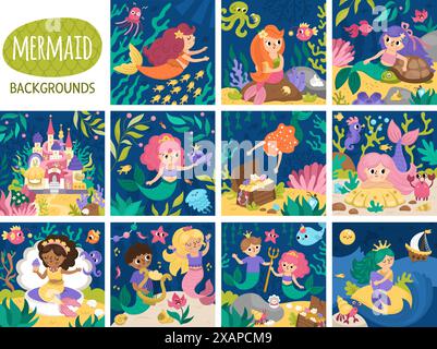 Vektorsatz von Landschaftsdarstellungen mit Meerjungfrau. Szenen aus dem Ozean oder dem Meeresreich mit Meerprinzessin, Schloss, Schatzkiste und Prinz. Niedlich Stock Vektor