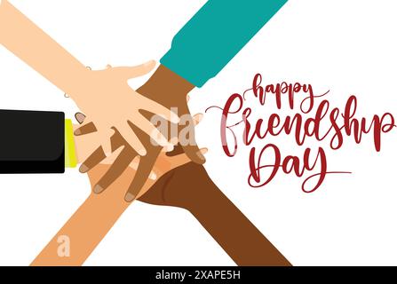 Glücklicher Freundschaftstag. Hände verschiedener Gruppen von Menschen, die sich zusammensetzen. Konzept von Gemeinschaft, Unterstützung, Partnerschaft, Teamarbeit, sozialer Bewegung, Freundschaft und Zusammenarbeit. Stock Vektor